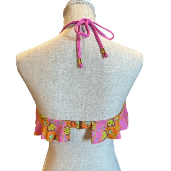 EUC - Trina Turk Pinkberry Woodblock Flounce Halter Neck Bikini Top - size 6 - Picture 5 of 8